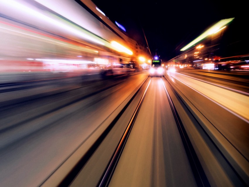 rails, tram, movement, speed, light, long exposure
