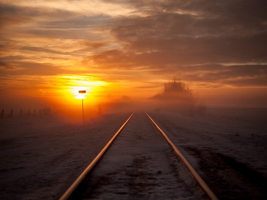 railway, fog, snow, sunset, horizon