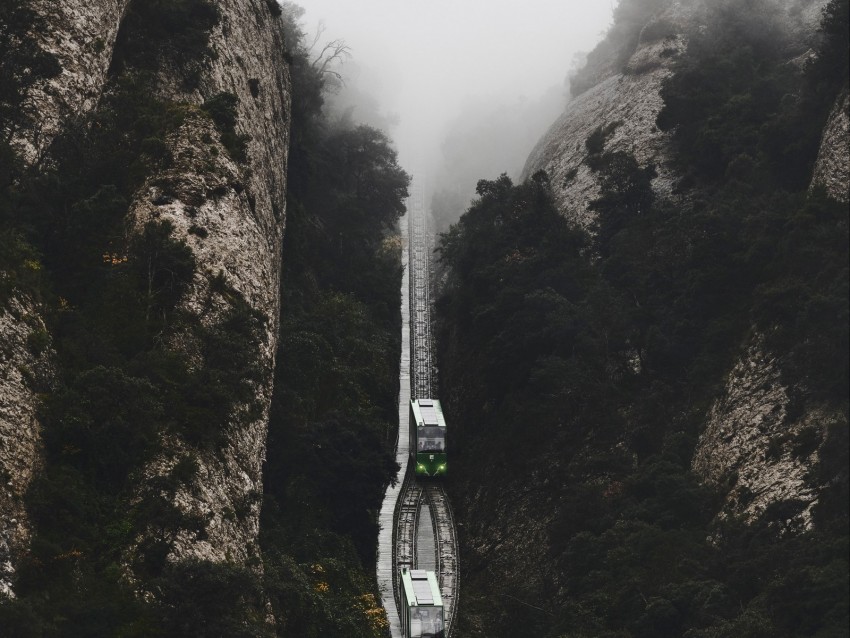 railway, fog, train, mountains, aerial view