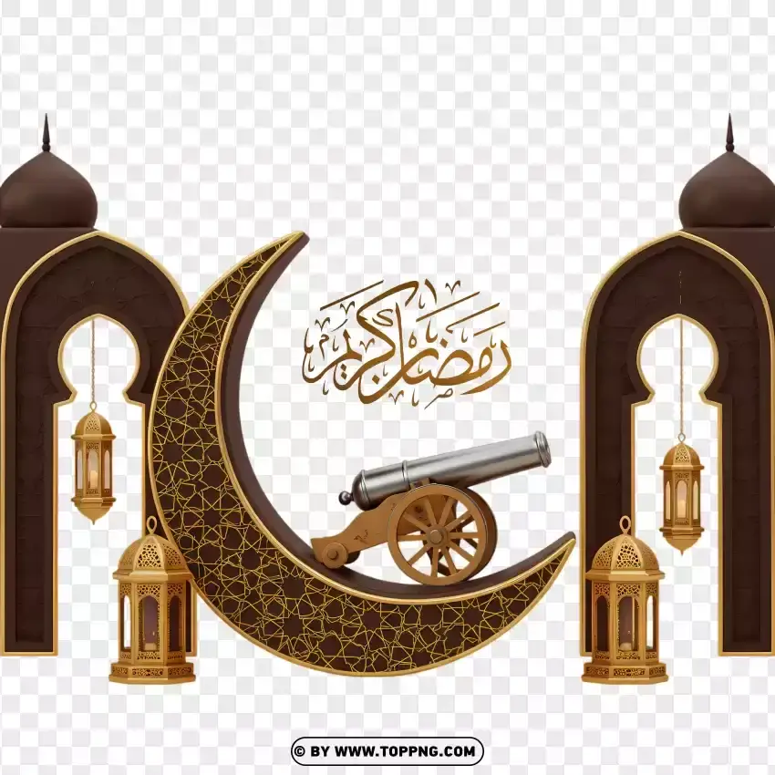 Ramadan Moon With Hanging Lanterns And Cannon PNG Transparent Background