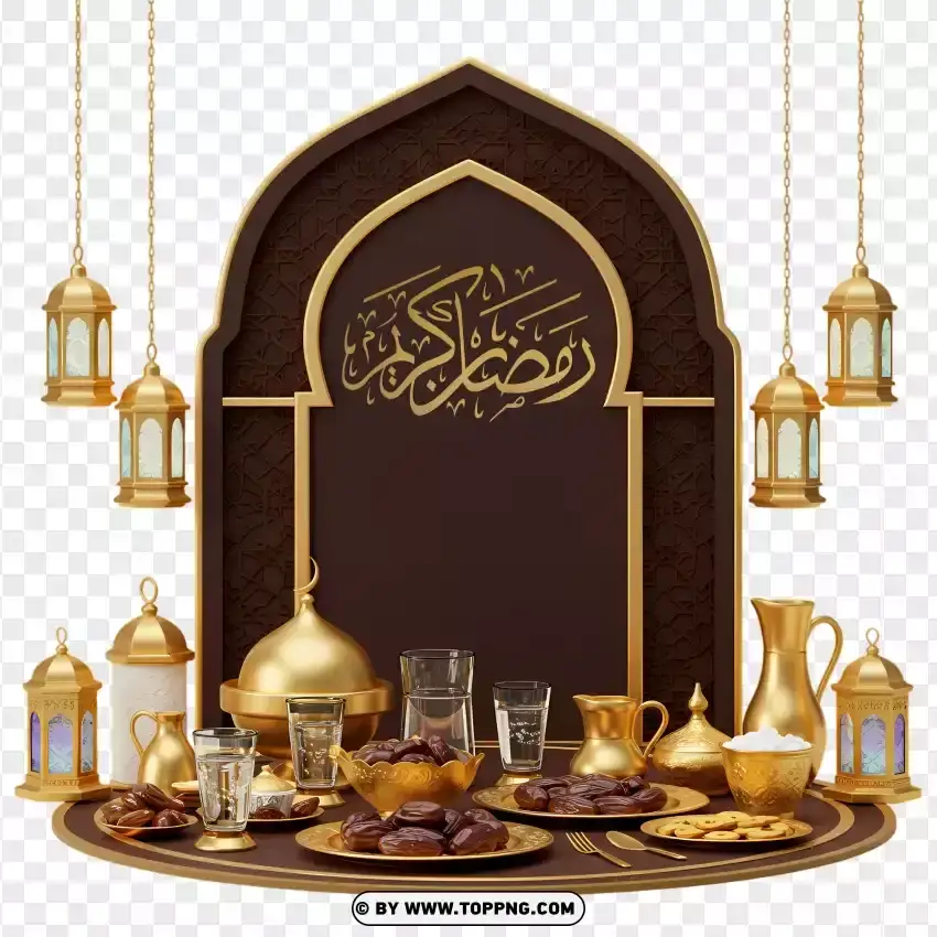 Ramadan Mubarak With Gold Lanterns And Food PNG Transparent Background