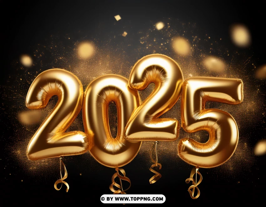 Realistic 2025 Golden Numbers With Confetti On Black PNG Transparent Background