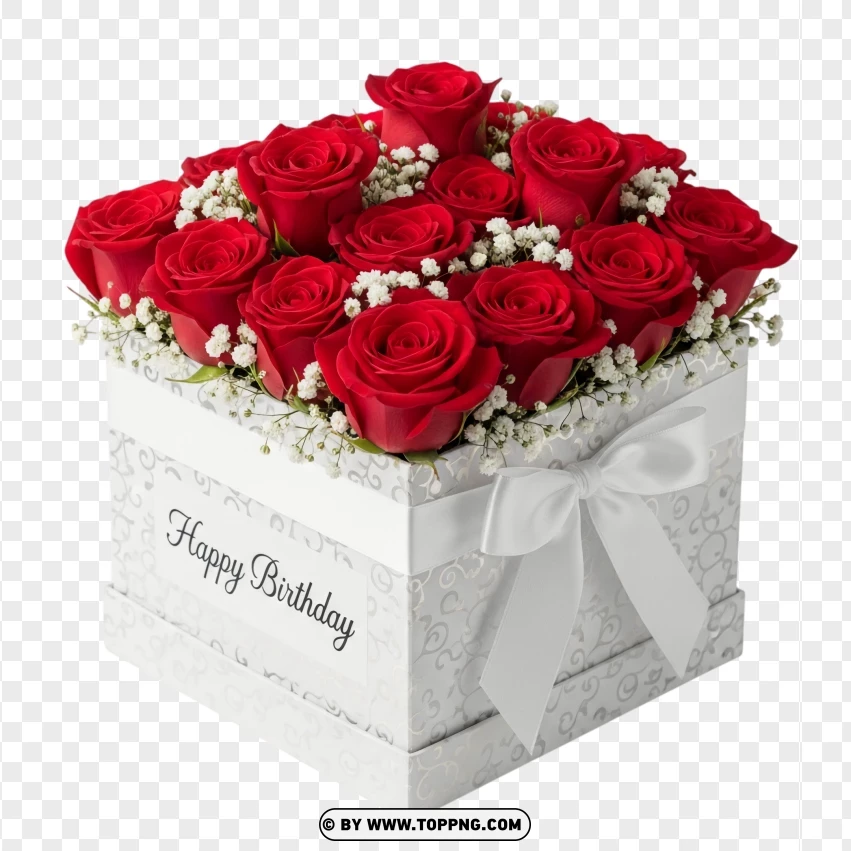 Red Birthday Flowers In White Square Box PNG Transparent Background