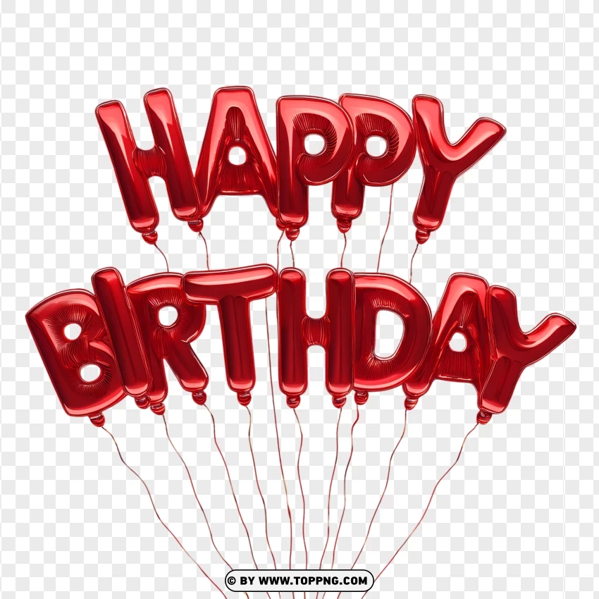 Red Happy Birthday Balloon Letters With Floating Strings Design PNG Transparent Background