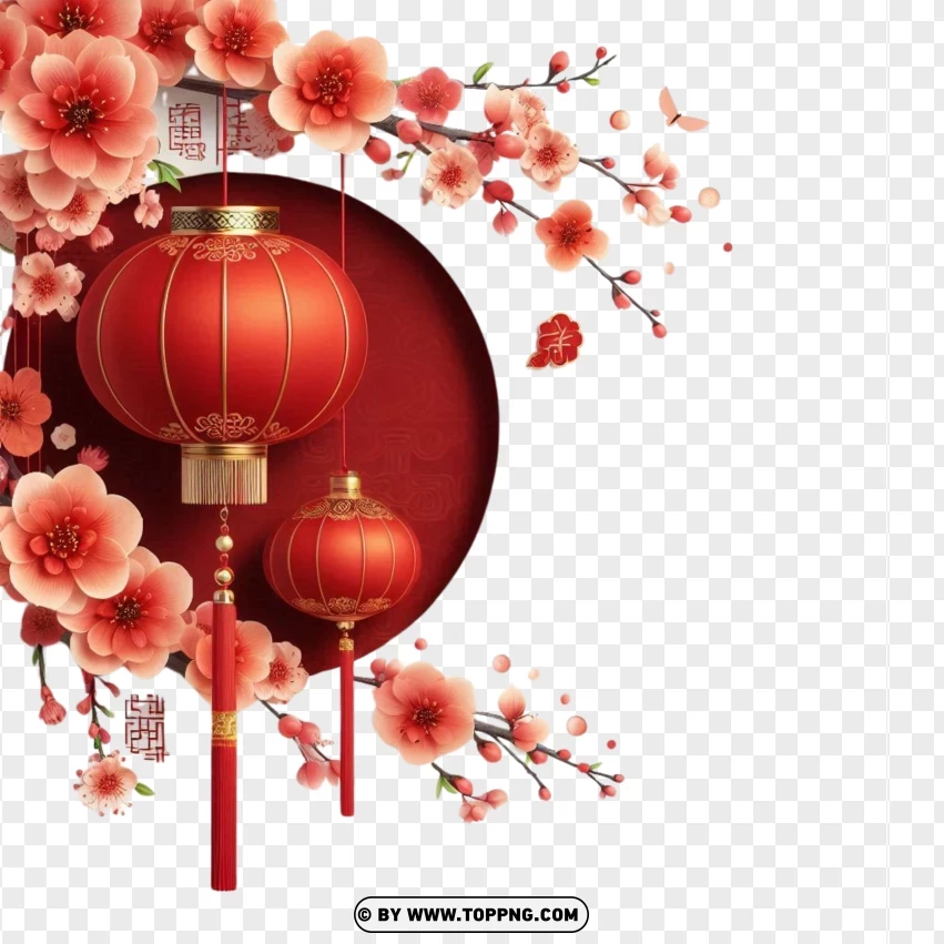 Red Lanterns And Blossoms Classic Chinese New Year Celebration PNG Transparent Background