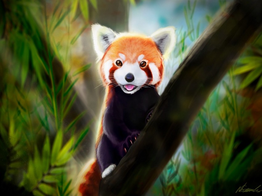 red panda, tongue protruding, art, animal, cute