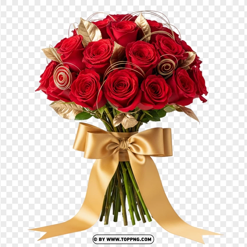 Red Rose Bouquet With Gold Ribbon Accent PNG Transparent Background