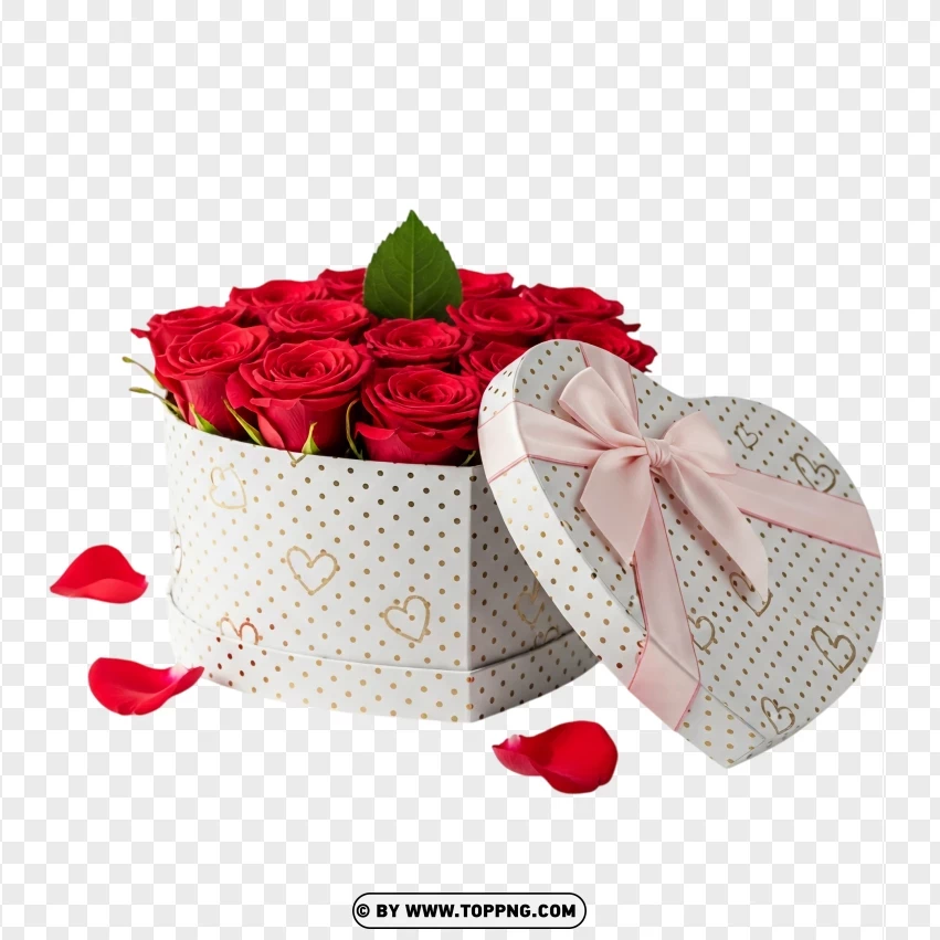 Red Roses Arranged In White Heart Box Valentine Gift PNG Transparent Background