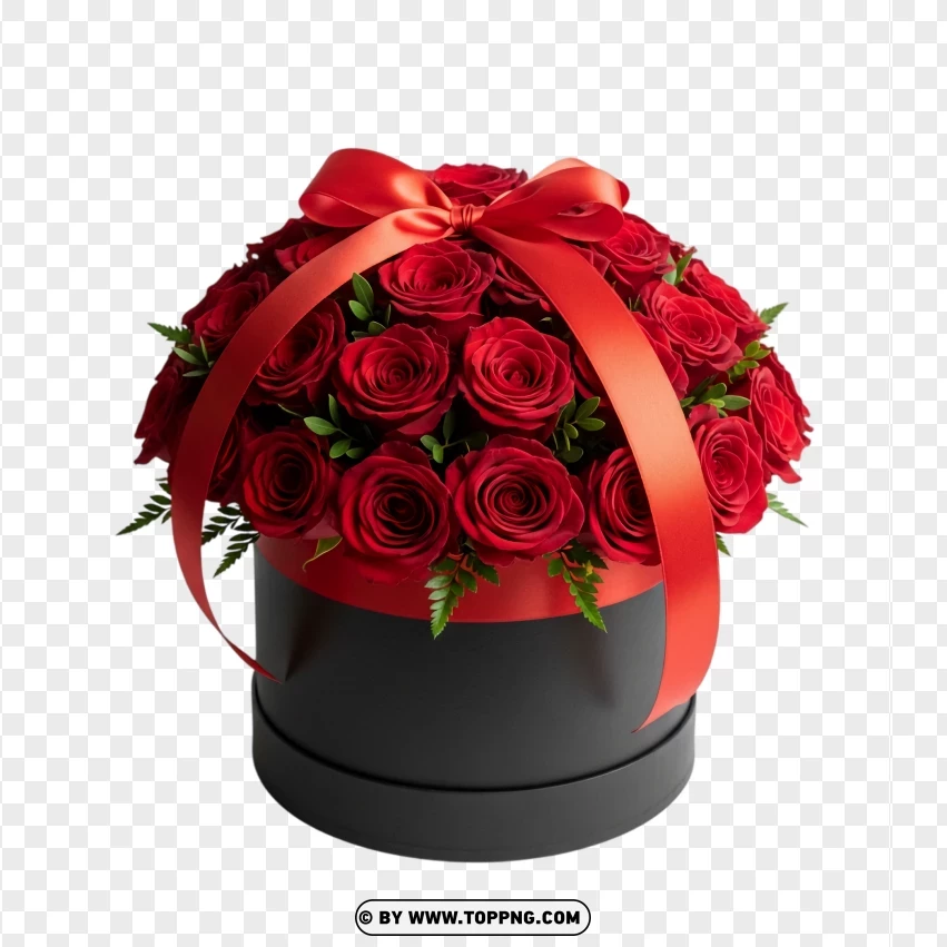 Red Roses In Black Box With Red Ribbon PNG Transparent Background
