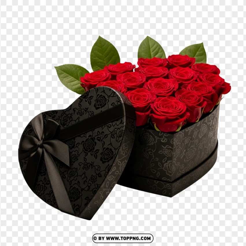 Red Roses In Black Heart Box Love Gift PNG Transparent Background