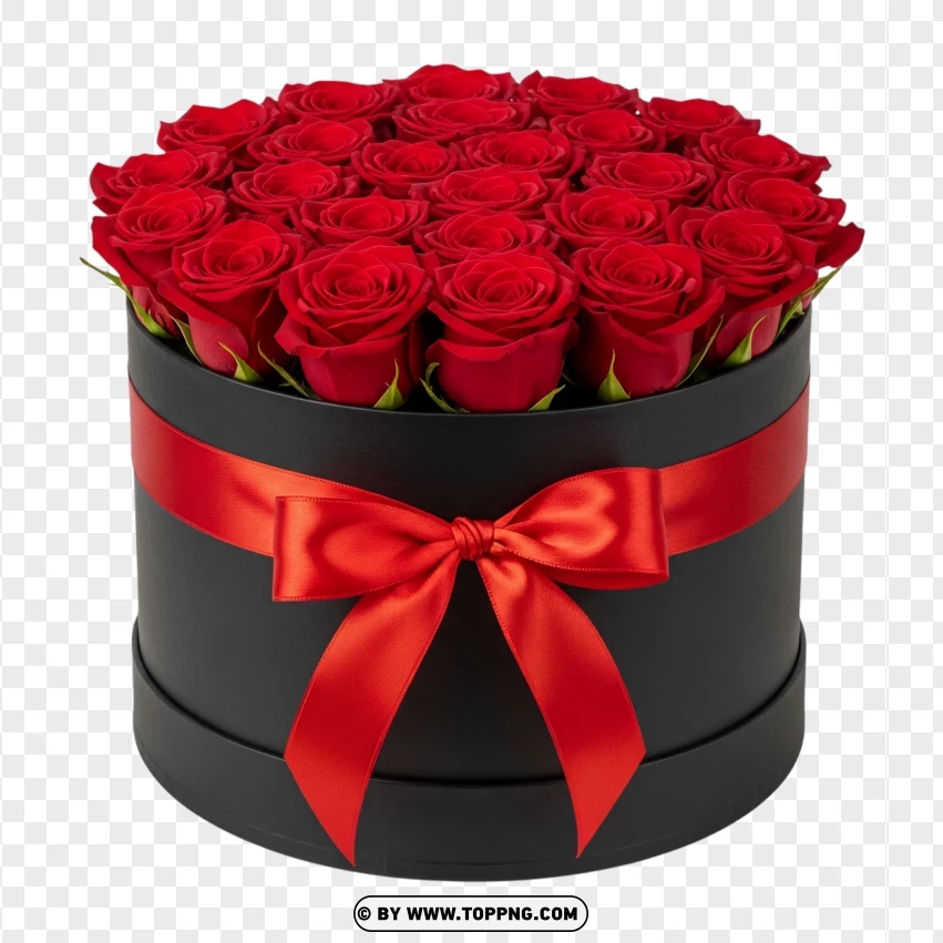 Red Roses In Black Round Box With Satin Bow PNG Transparent Background