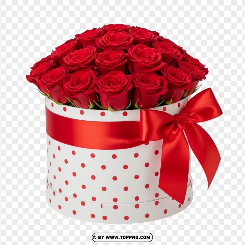 Red Roses In White Polka Dot Box With Ribbon PNG Transparent Background