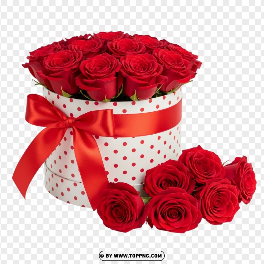 Red Roses In White Polka Dot Box With Ribbon PNG Transparent Background