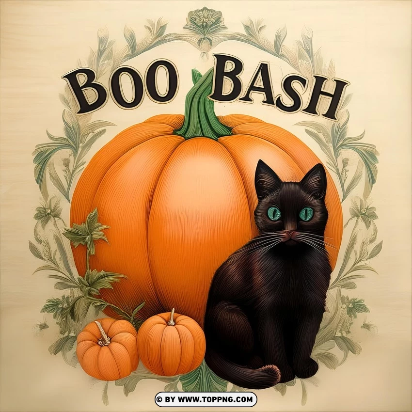 Vintage-style Halloween illustration with a large pumpkin, a black cat, and the text 'Boo Bash' surrounded by decorative foliage