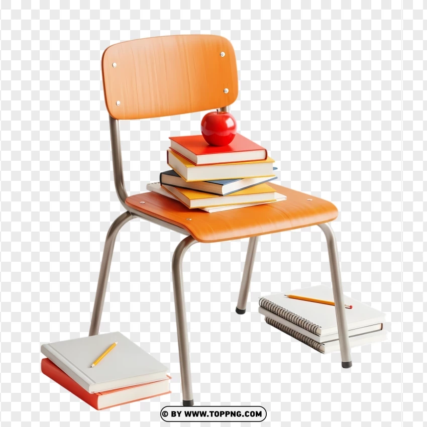 Retro School Chair With Books And Red Apple PNG Transparent Background