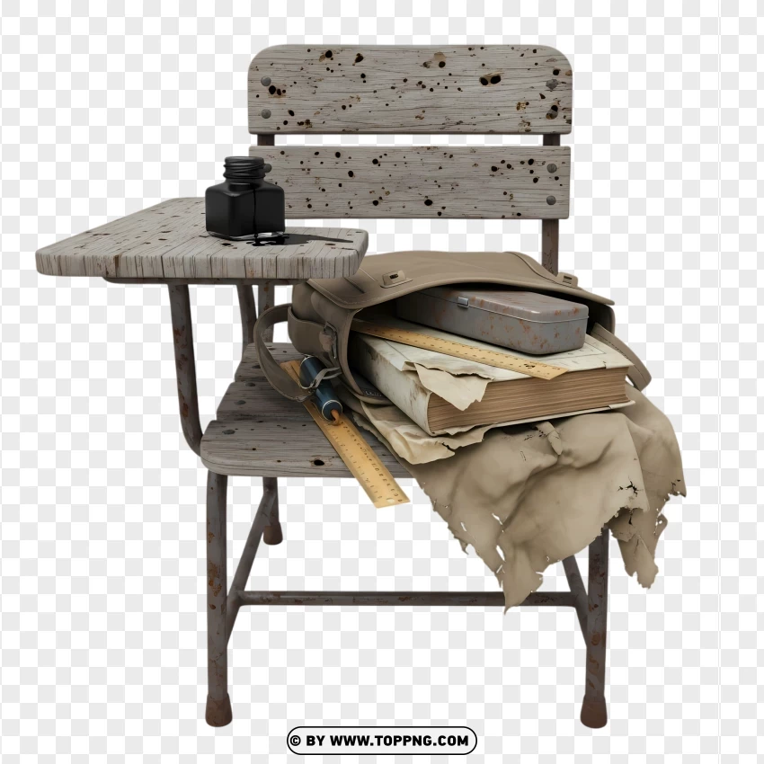 Retro School Desk With Ink Bottle And Torn Bag PNG Transparent Background