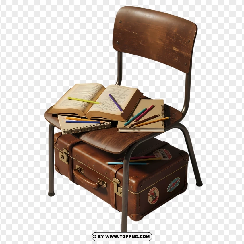 Retro Study Chair With Open Book And Pencils PNG Transparent Background