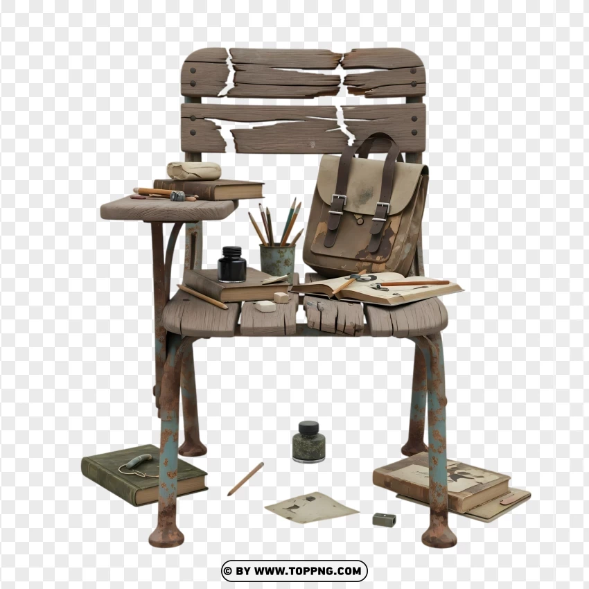 Retro Wooden Chair With Worn School Materials PNG Transparent Background