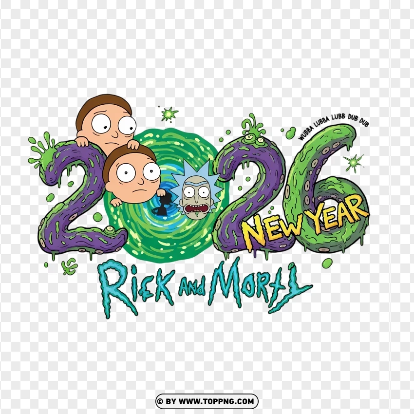 Rick And Morty Cartoon 2026 New Year Typography PNG Transparent Background