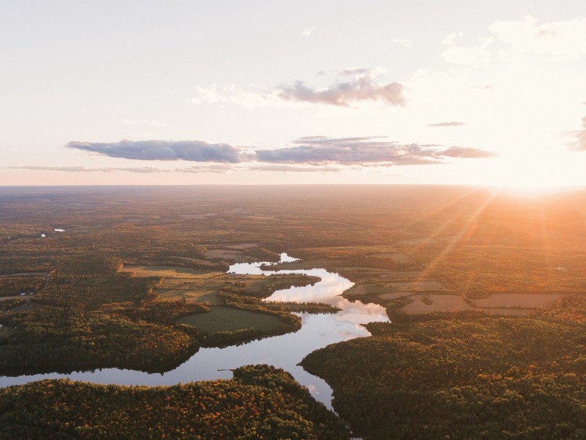 river, aerial view, trees, forest, sunset, horizon