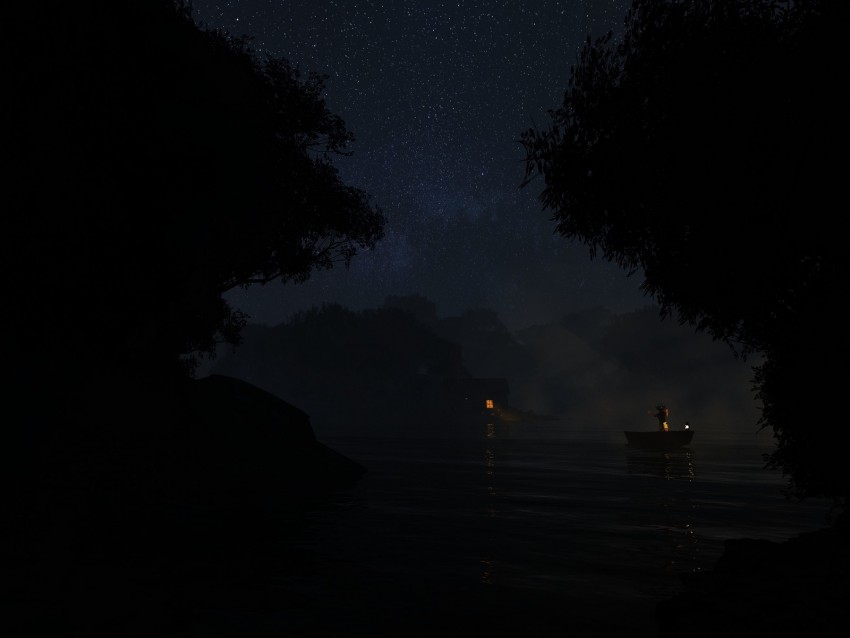 river, boat, night, dark, fog