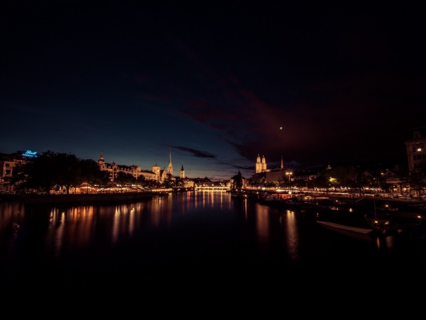 river, city, night, lights, reflection, dark