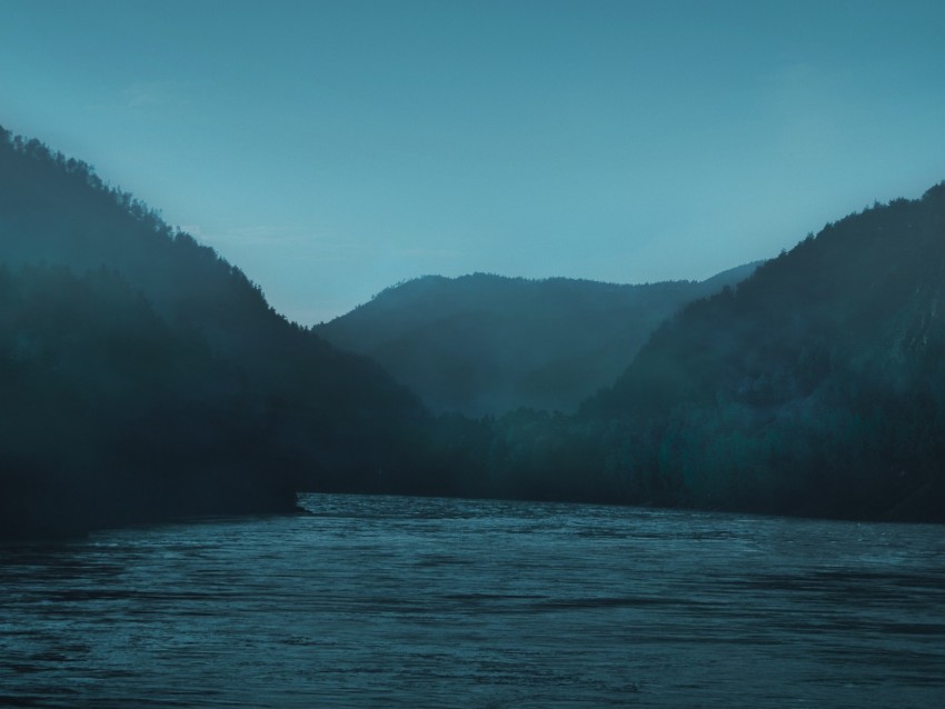river, fog, twilight, trees