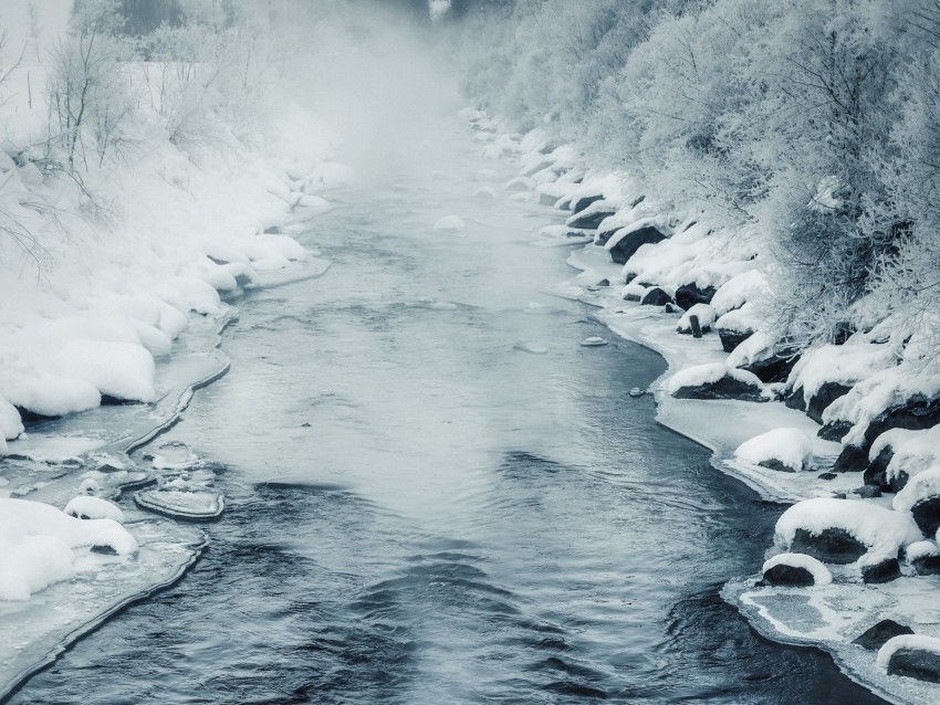 river, ice, fog, water, snow