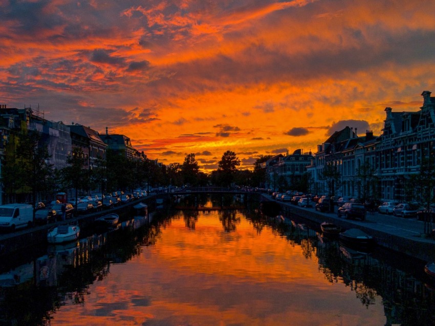 river, sunset, canal, city, netherlands