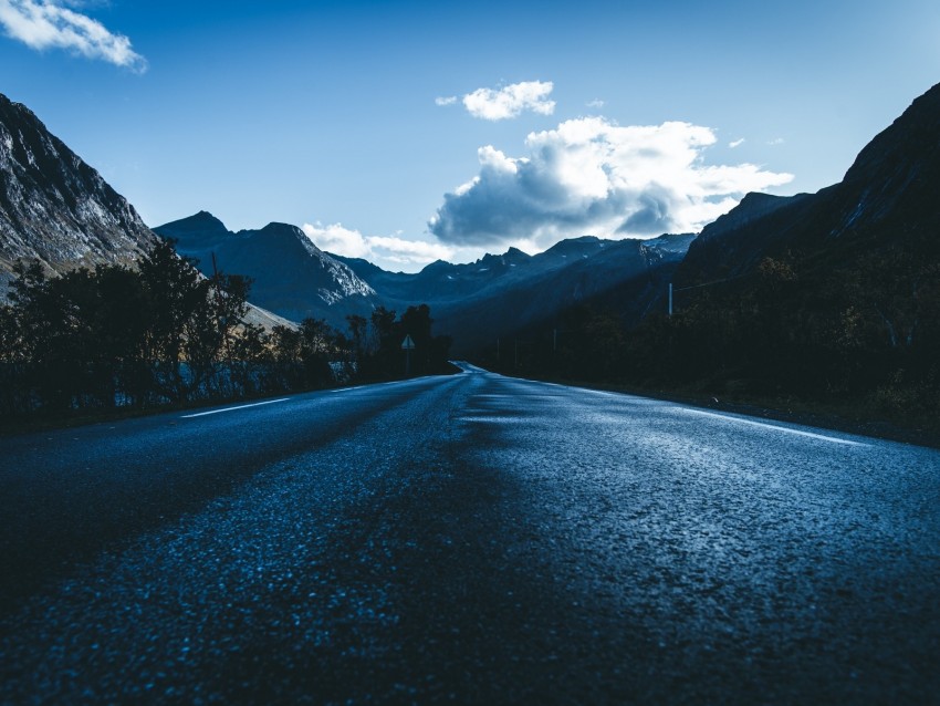 road, asphalt, mountains, clouds, direction