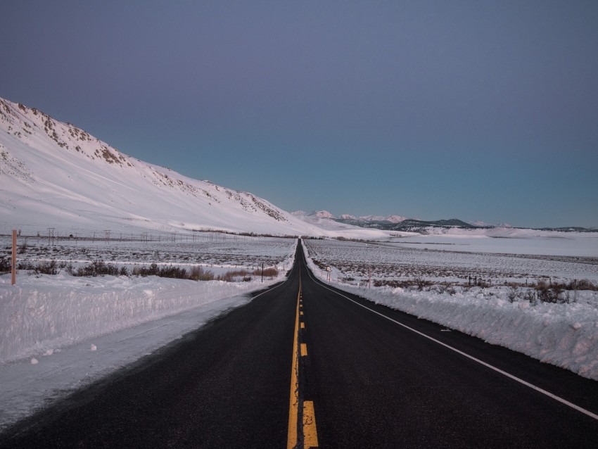 road, asphalt, snow, winter, horizon, direction