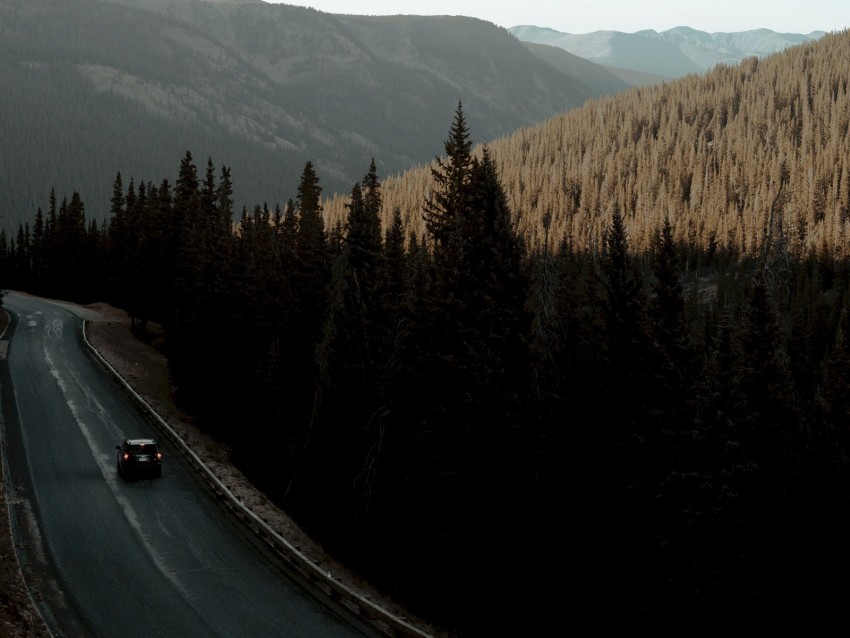 road, car, mountains, forest, movement
