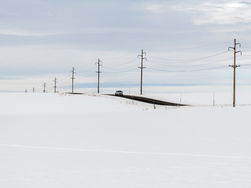 road, car, winter, minimalism, snow, movement
