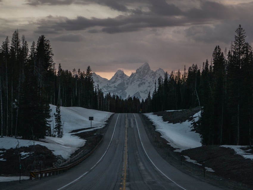 road, mountains, forest, hills, twilight