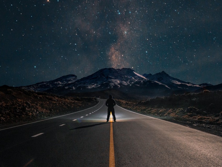 road, mountains, night, silhouette, starry sky