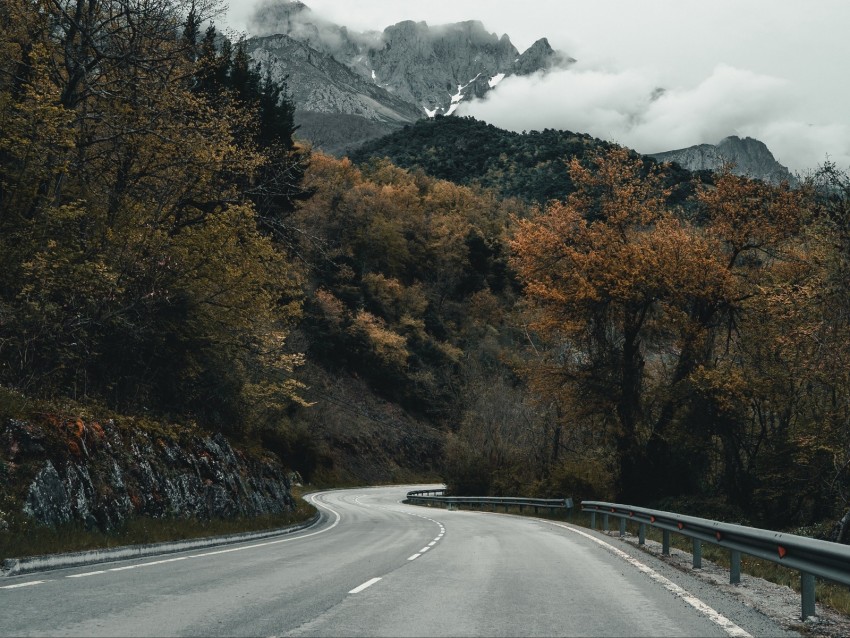 road, mountains, turn, trees, clouds