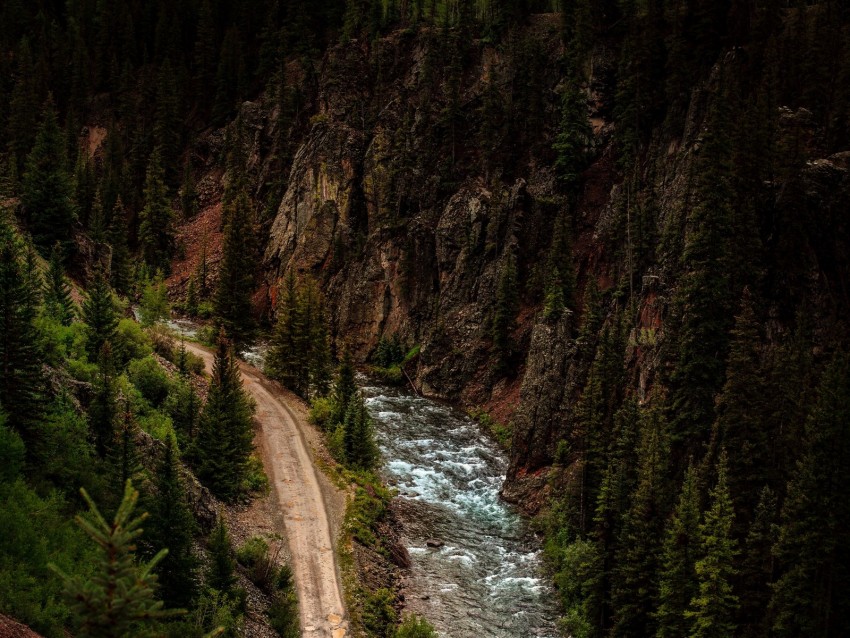 road, river, aerial view, forest, cliff