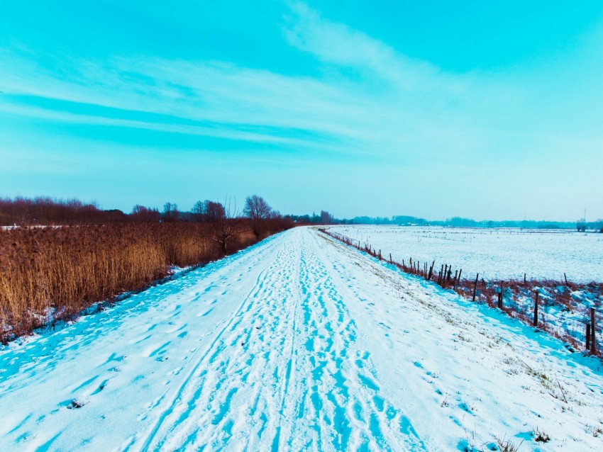 road, snow, traces, field, winter, landscape
