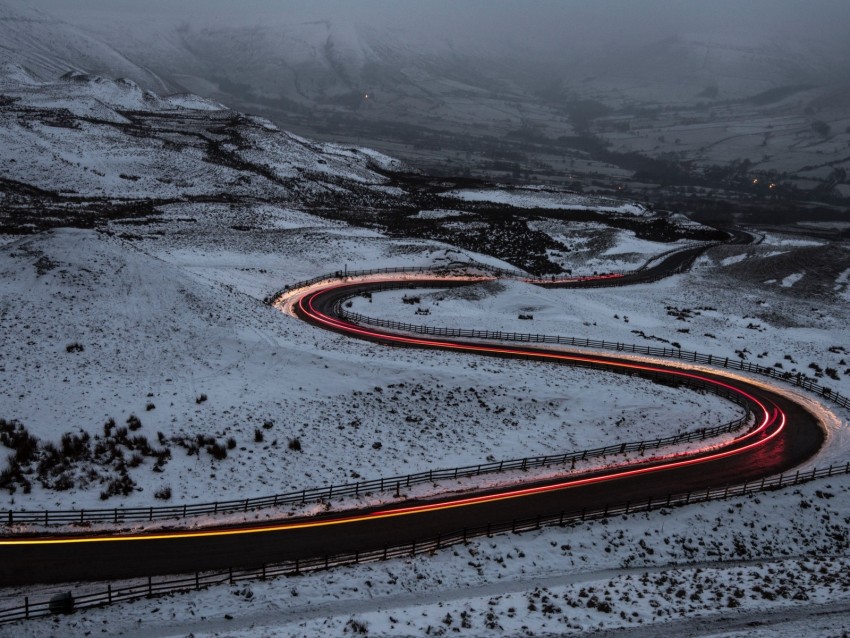 road, snow, turns, long exposure, fog
