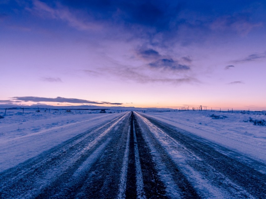 road, snow, winter, direction, horizon, twilight