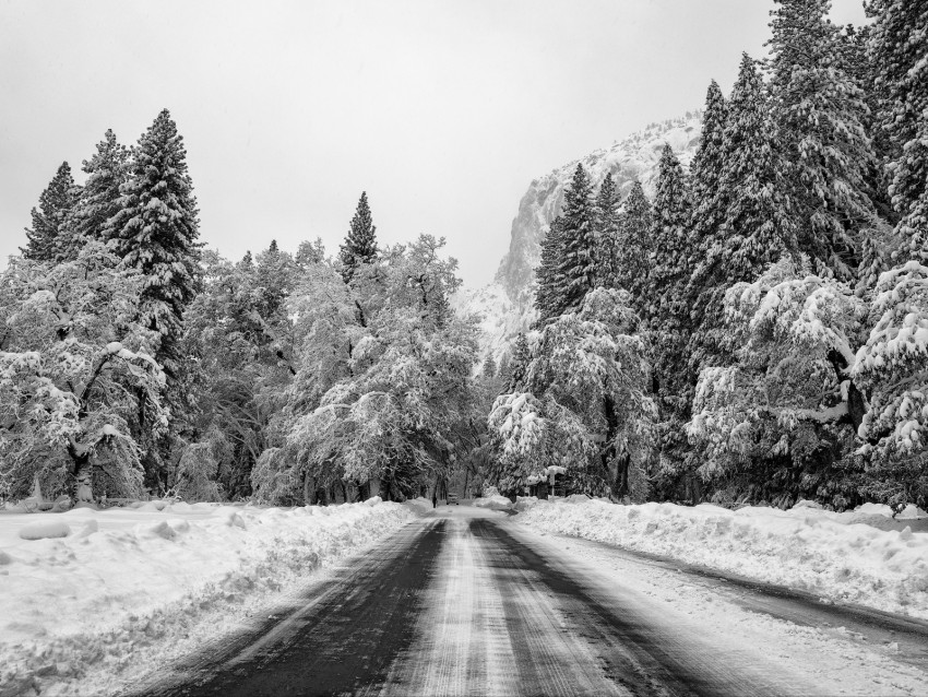 road, snow, winter, mountain, valley