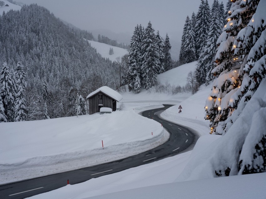 road, snow, winter, turn