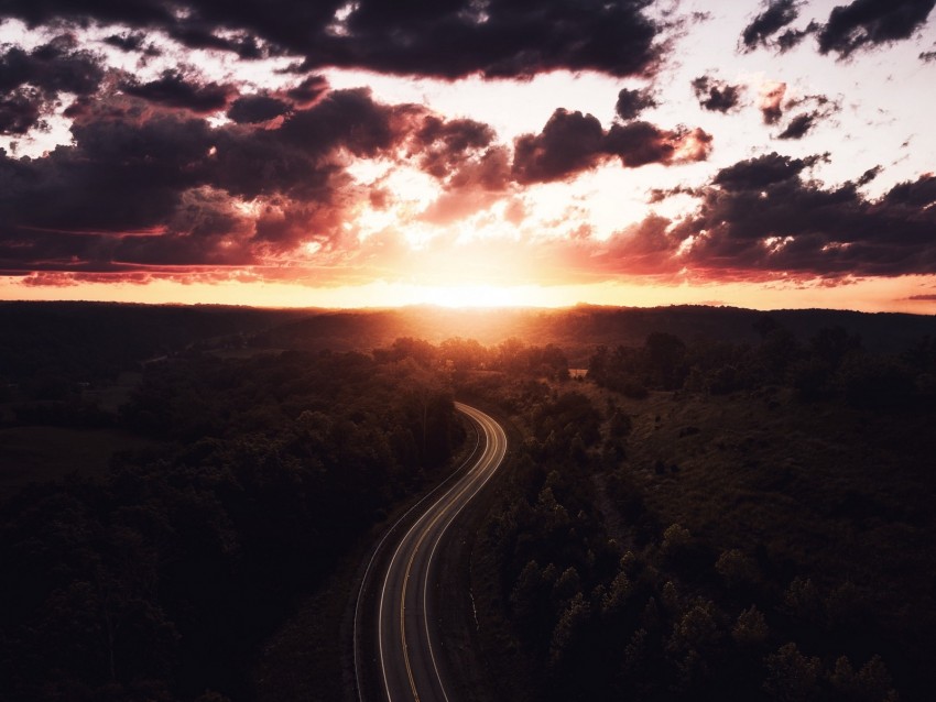 road, sunset, sky, trees, forest, aerial view