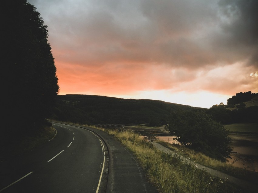 road, turn, sunset, trees, sky, clouds