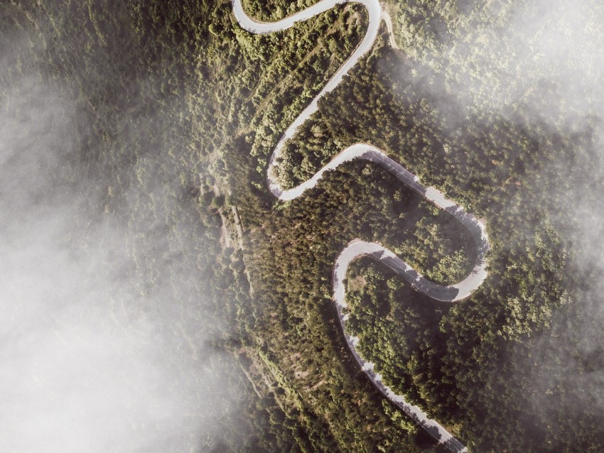 road, winding, aerial view, mountains, forest, clouds