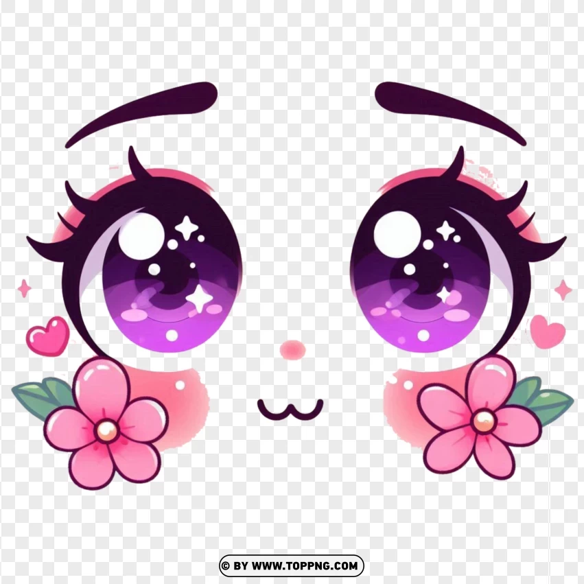 Roblox Avatar Face With Big Purple Eyes With Pink Blush And Small Flowers On The Cheeks PNG Transparent Background