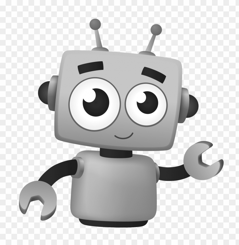 Friendly cartoon robot character with big eyes and a welcoming gesture.