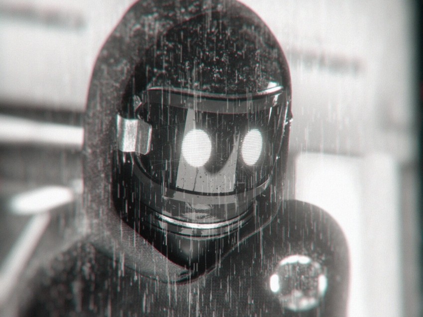 robot, cyborg, rain, bw, mask, sci-fi