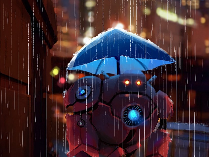robot, street, rain, art, umbrella