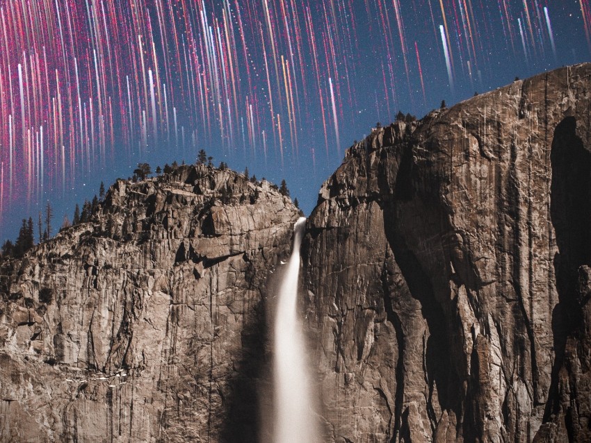 rock, cliff, waterfall, starry sky, long exposure, stone